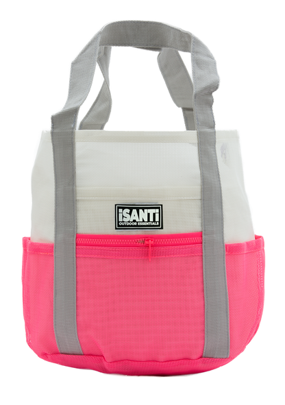PINK & WHITE BEACH BAG WITH GREY STRAPS