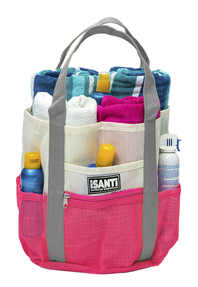 PINK & WHITE BEACH BAG WITH GREY STRAPS